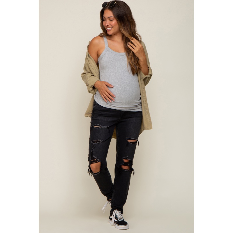Black Distressed Straight Leg Maternity Jeans