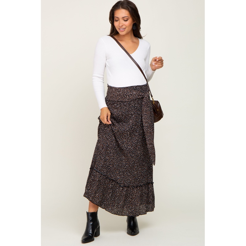 Black Ditsy Print Smocked Front Tie Maternity Skirt