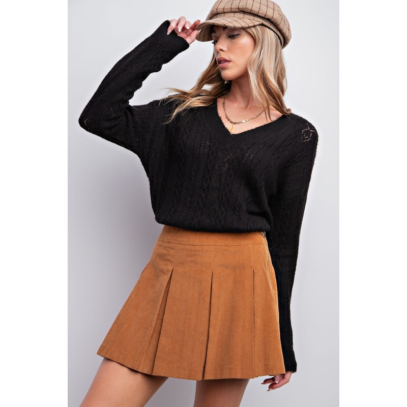 Camel Pleated Corduroy Mini Skirt