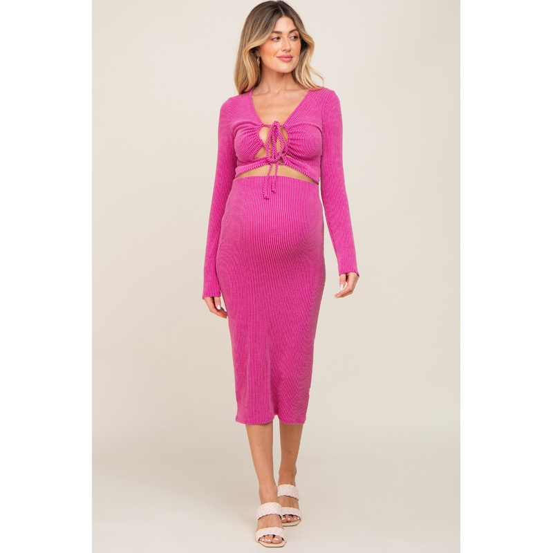 Fuchsia Ribbed Front Cutout Two Piece Maternity Skirt Set