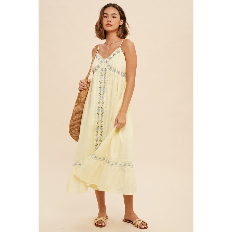 Yellow Embroidered Cami Midi Dress