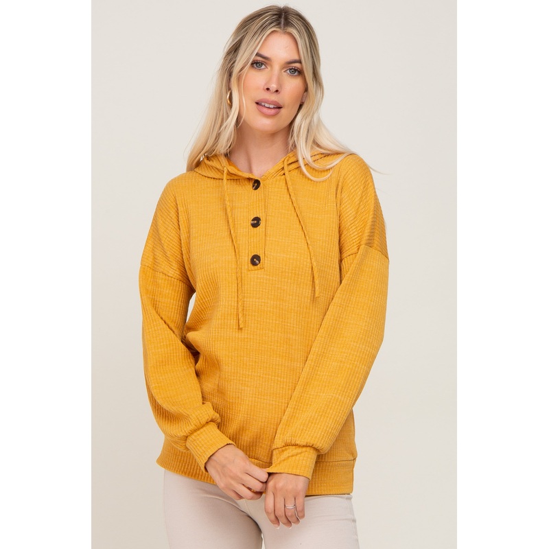 Yellow Ribbed Button Front Hoodie