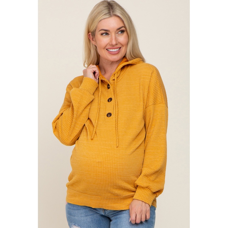 Yellow Ribbed Button Front Maternity Hoodie