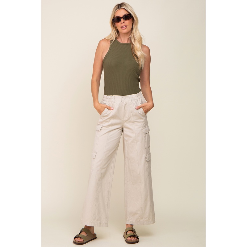 Beige Double Pocket Wide Leg Cargo Pants