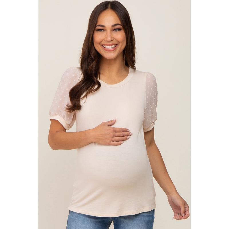 Beige Swiss Dot Contrast Sleeve Maternity Top