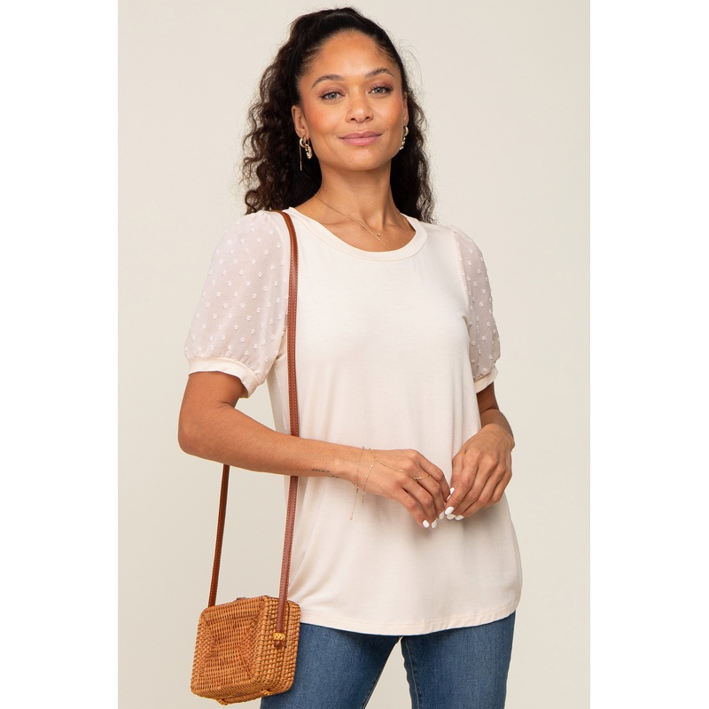 Beige Swiss Dot Contrast Sleeve Top