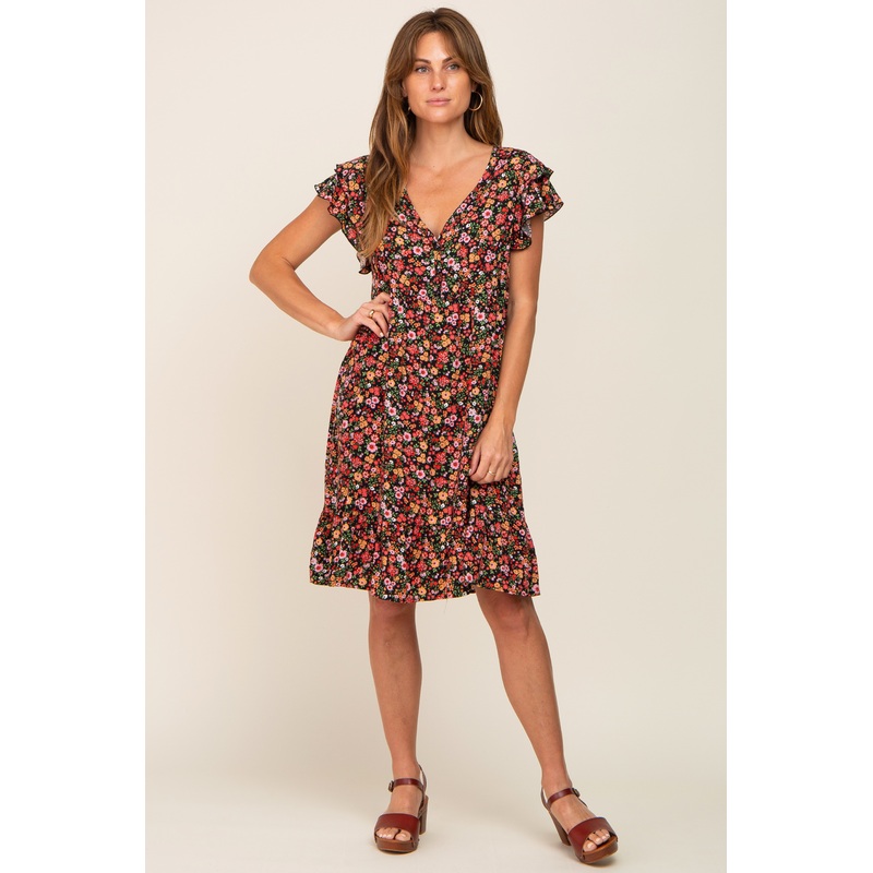 Black Floral Button Front Ruffle Shoulder Dress