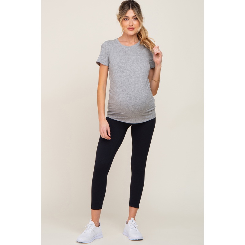 Black Rib Knit Cropped Maternity Leggings