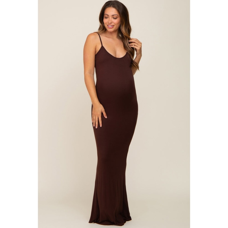 Brown Basic Maternity Maxi Dress