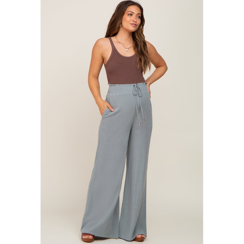 Sage Smocked Waist Wide Leg Linen Maternity Pants