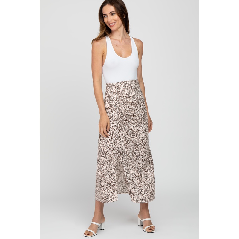 White Leopard Print Side Button Maxi Skirt