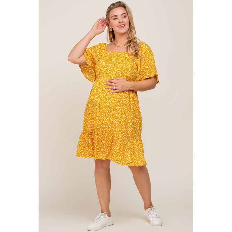 Yellow Floral Smocked Square Neck Ruffle Hem Maternity Plus Dress