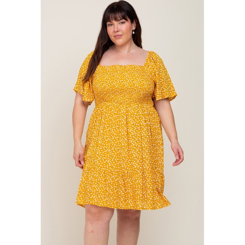 Yellow Floral Smocked Square Neck Ruffle Hem Plus Dress