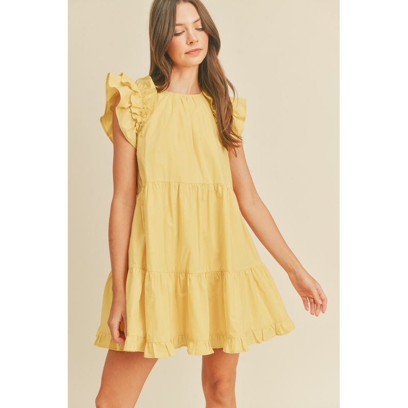 Yellow Flutter Sleeve Tiered Babydoll Dress