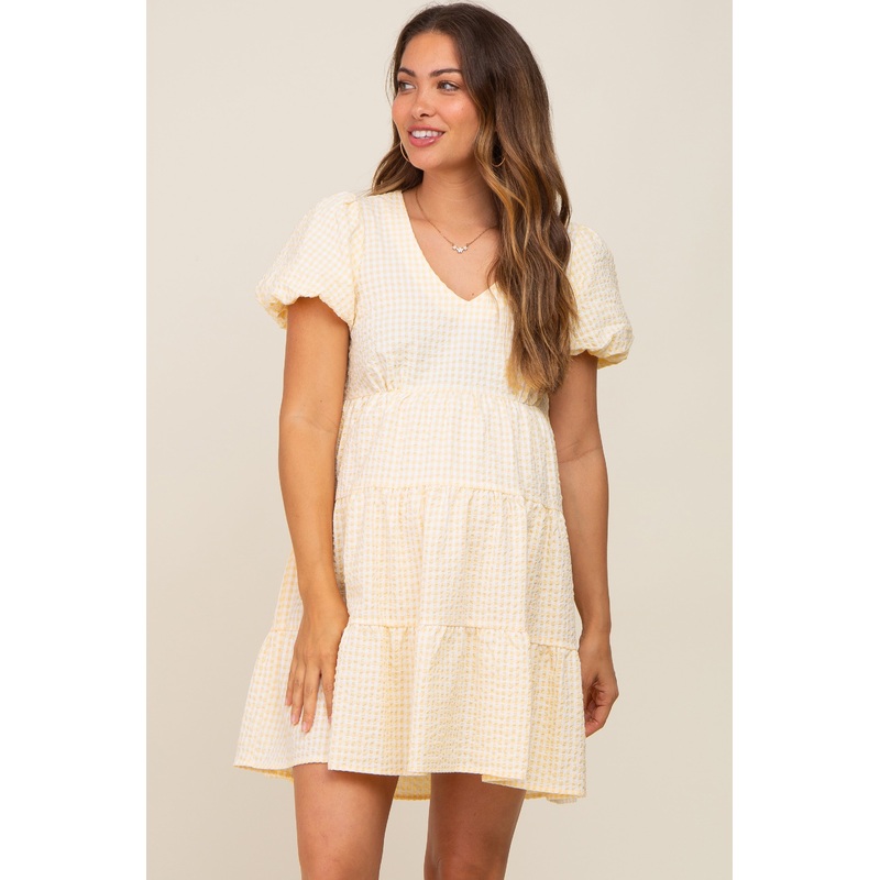 Yellow Gingham Puff Sleeve Tiered Maternity Dress