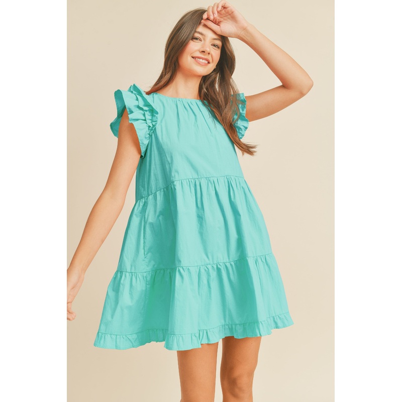 Aqua Flutter Sleeve Tiered Babydoll Dress