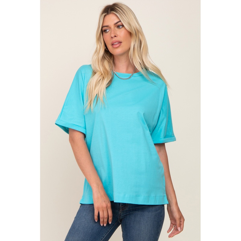 Aqua Oversized Rolled Short Sleeve Top