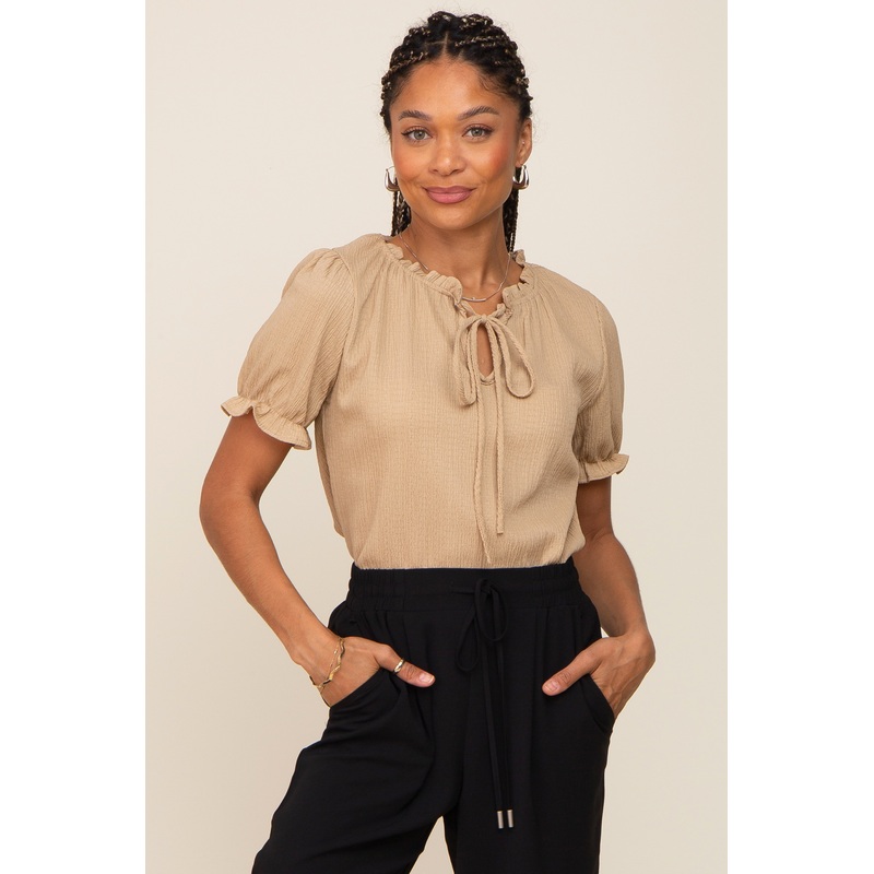 Beige Ruffle Accent Tie Front Blouse