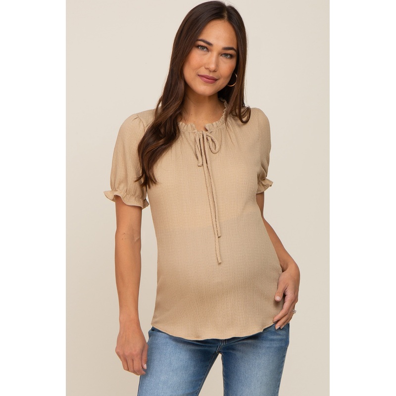 Beige Ruffle Accent Tie Front Maternity Blouse