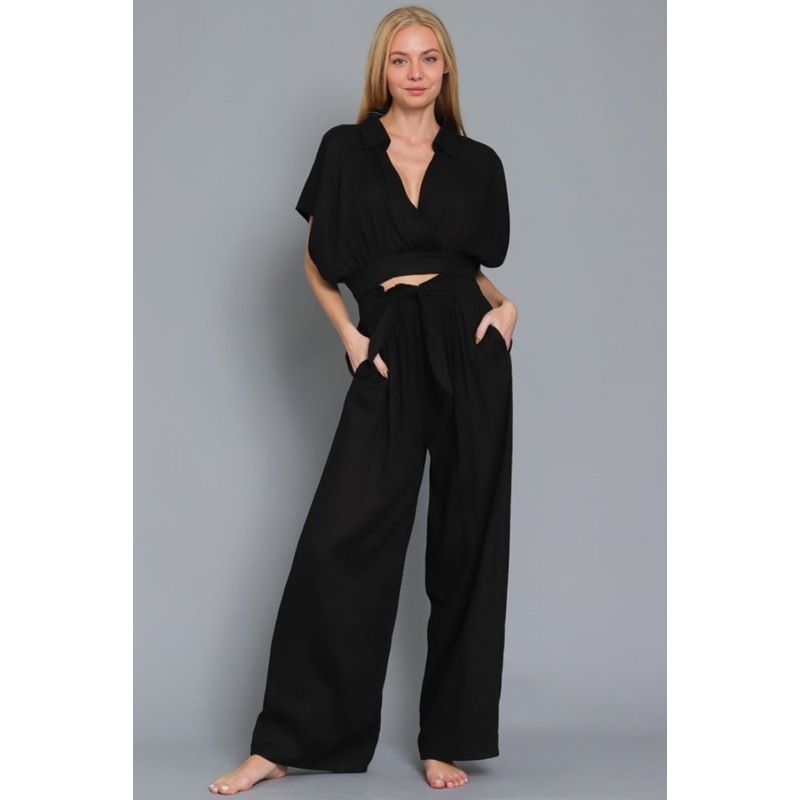 Black Dolman Short Sleeve Collar Cropped Top & Pants