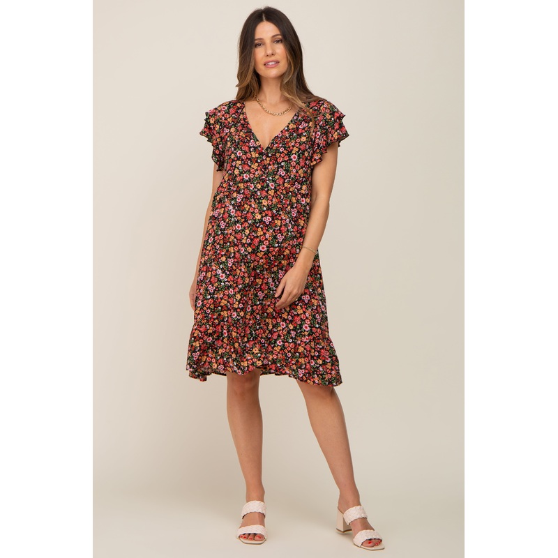 Black Floral Button Front Ruffle Shoulder Maternity Dress