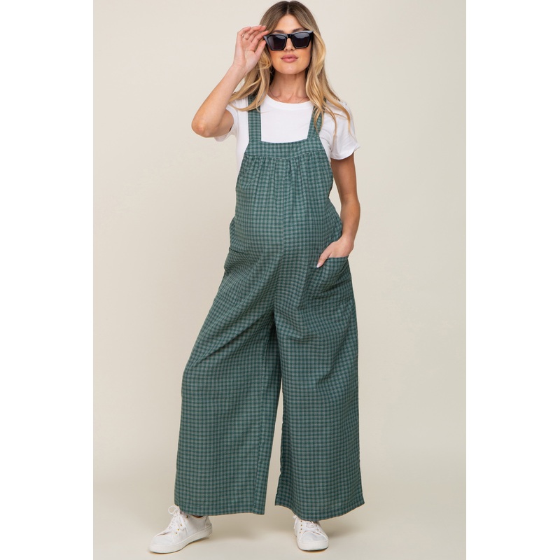 Forest Green Plaid Tie Back Maternity Overall