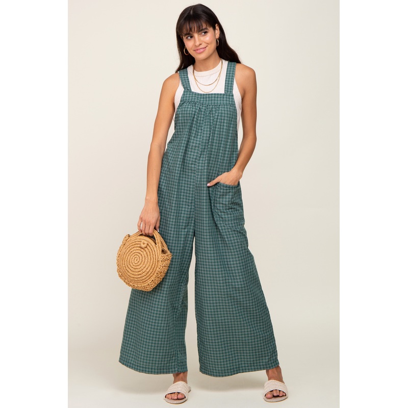 Forest Green Plaid Tie Back Overall