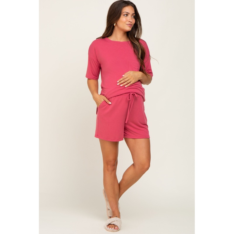 Salmon Pocket Front Maternity Pajama Short Set