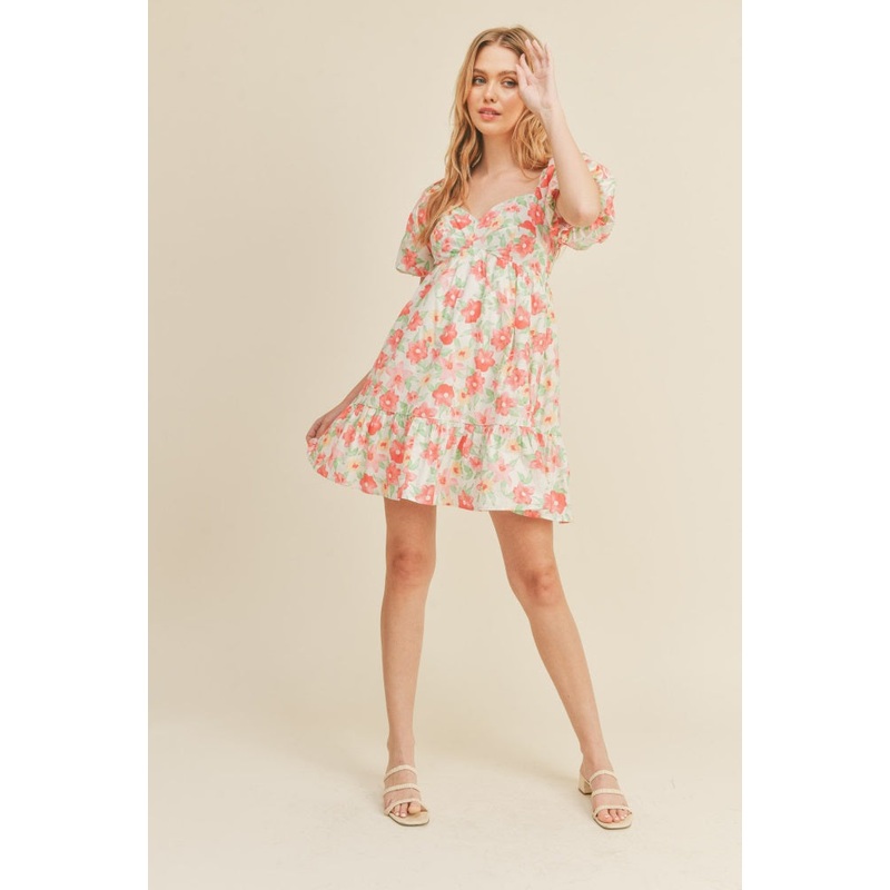 White Coral Floral Floral Puff Sleeve Babydoll Mini Dress