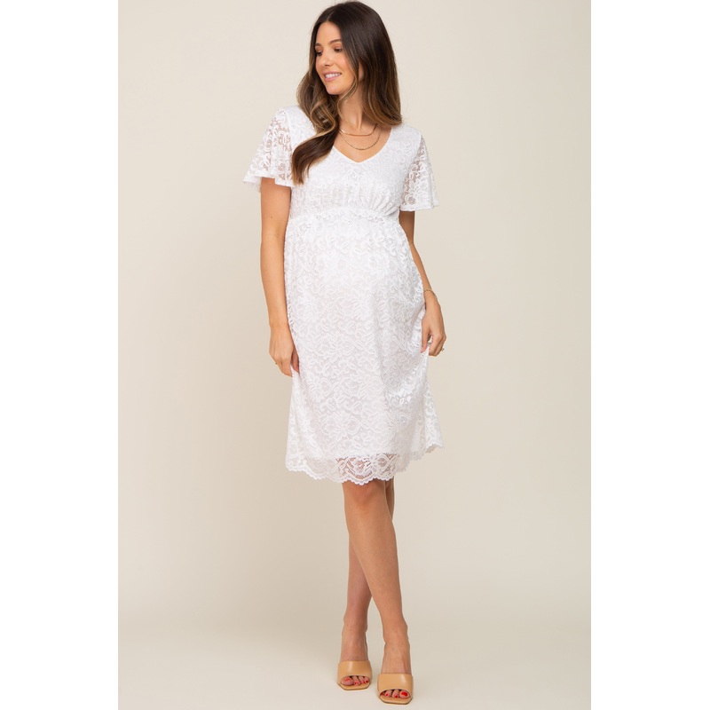 White Lace Knee Length Maternity Dress