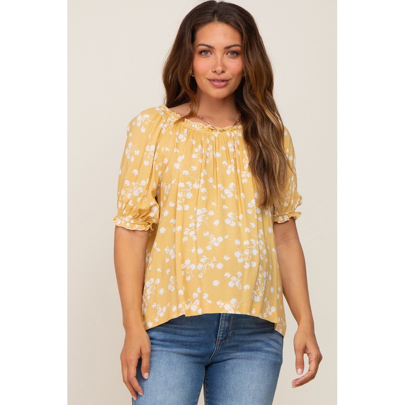 Yellow Floral Ruffle Accent Maternity Top