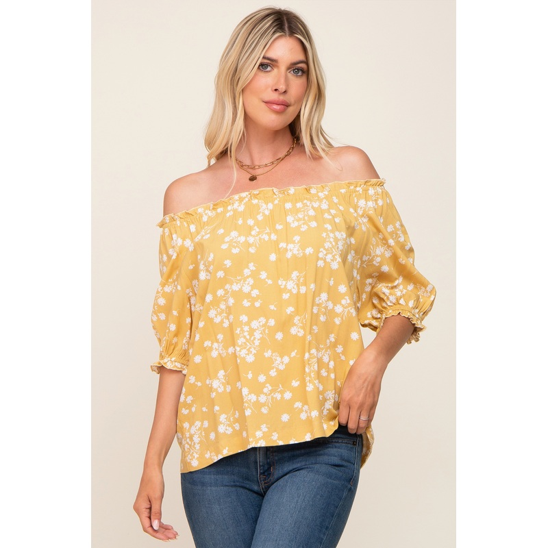 Yellow Floral Ruffle Accent Top