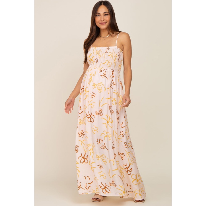 Yellow Floral Smocked Floral Maternity Maxi Dress