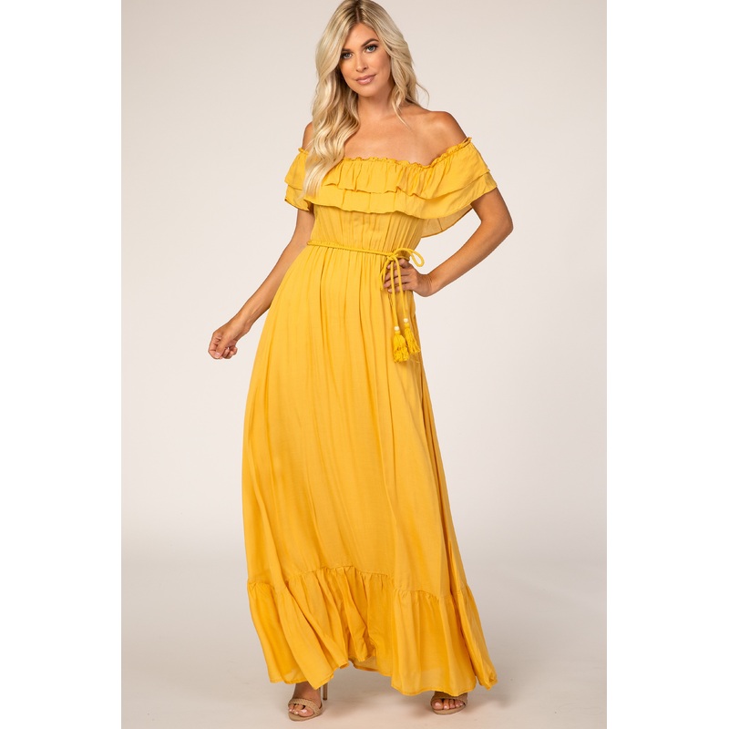 Yellow Off Shoulder Tassel Tie Maxi Dress