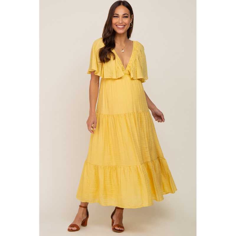 Yellow Textured Stripe Deep V-Neck Layered Sleeve Maternity Maxi Dress