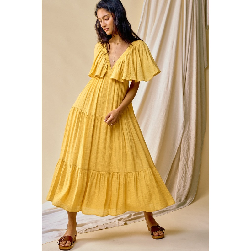 Yellow Textured Stripe Deep V-Neck Layered Sleeve Maxi Dress