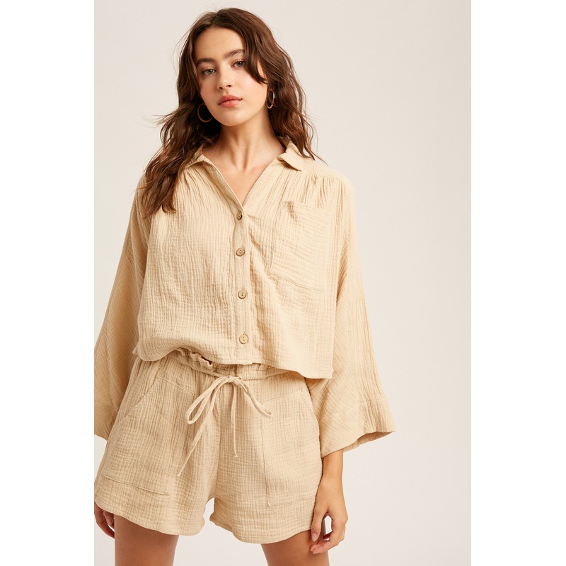 Beige Button Down Crop Top And Shorts Sets