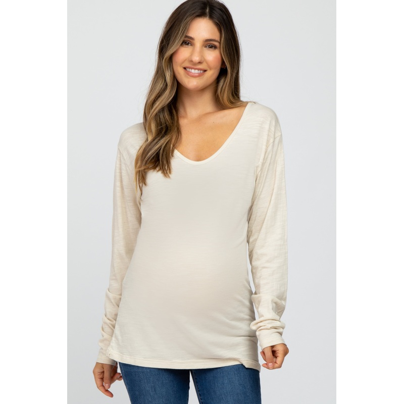 Beige Long Sleeve Maternity Active Top