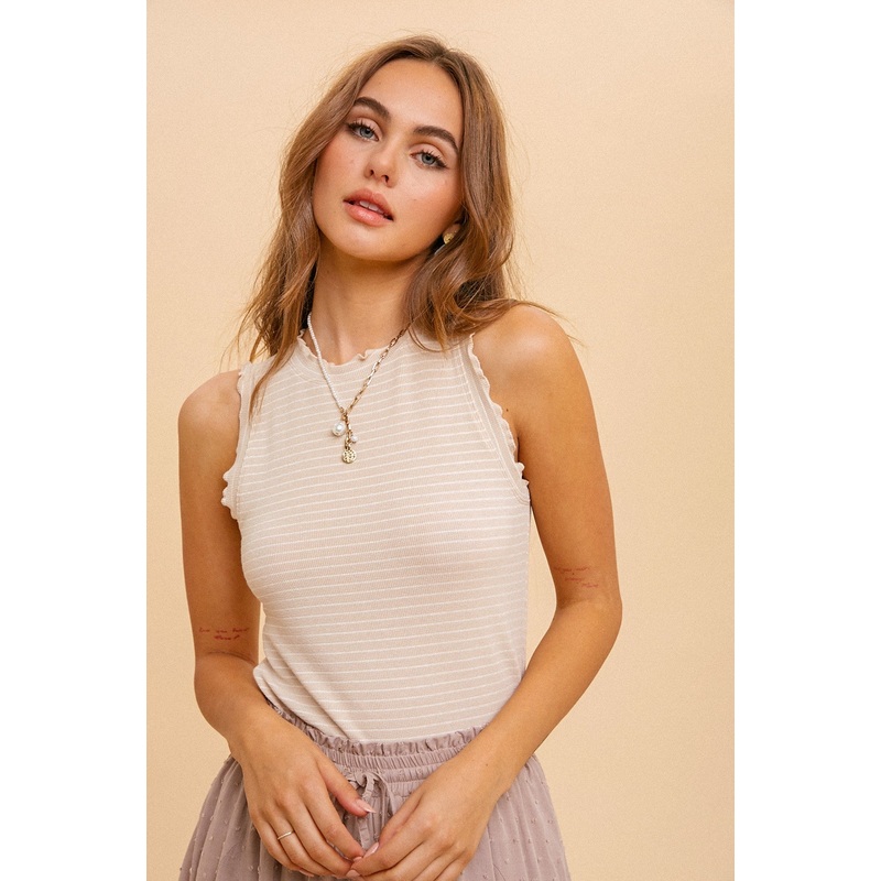 Beige Striped Ruffle Trim Sleeveless Top