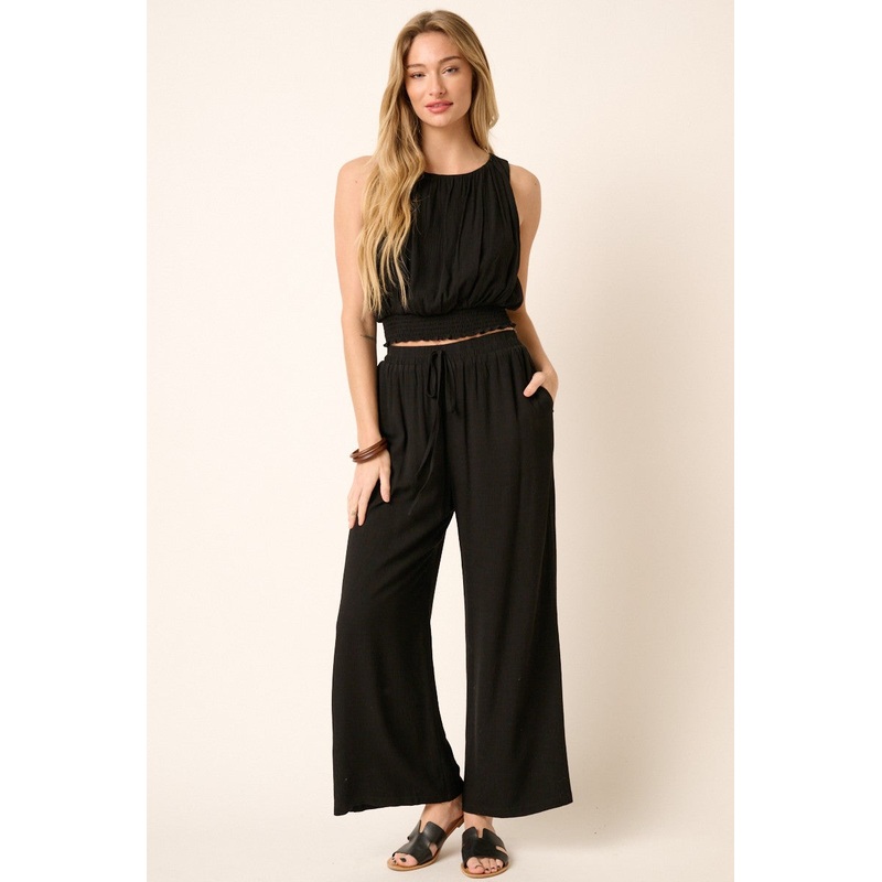 Black Crinkle Gauze Tank Top And Pants Set