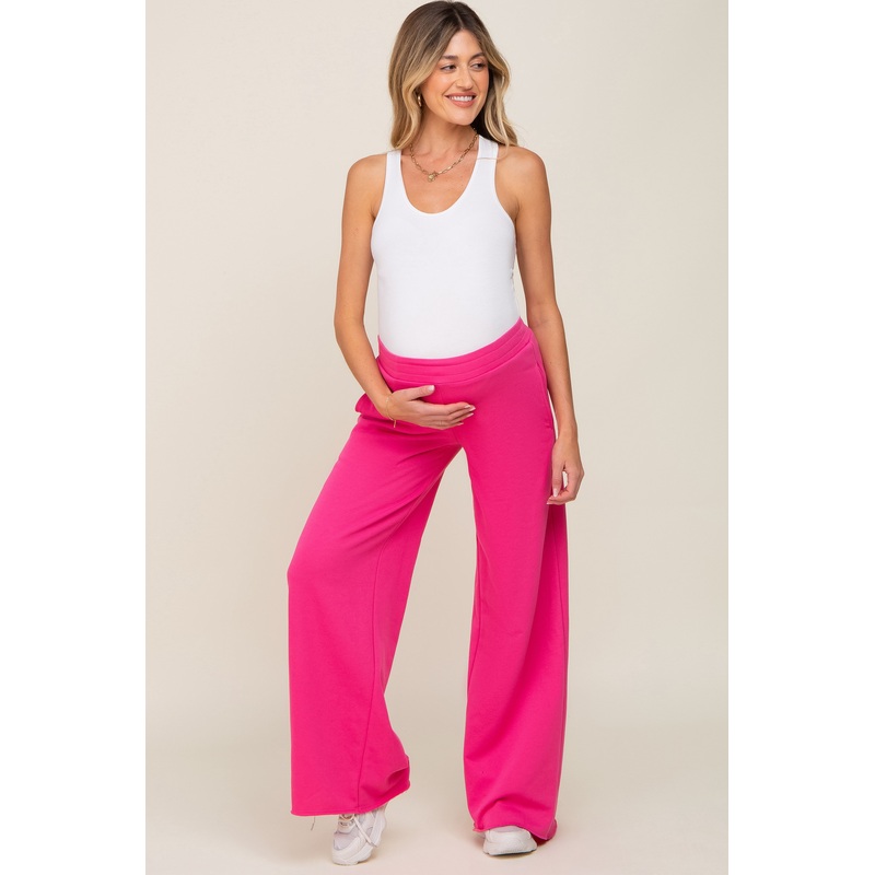 Fuchsia Wide Leg Fray Hem Long Maternity Sweatpants