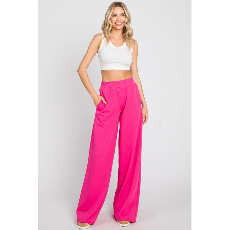 Fuchsia Wide Leg Fray Hem Long Sweatpants