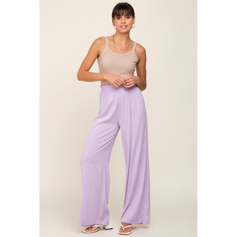 Lavender Basic Elastic Waist Wide Leg Pants