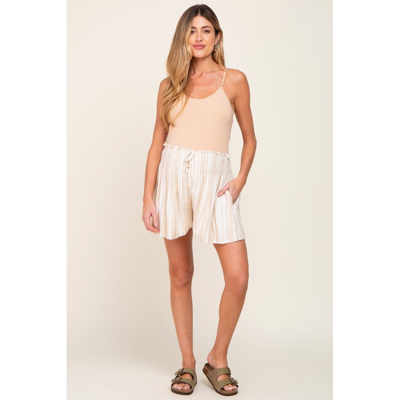 Taupe Striped Smocked Waist Maternity Shorts