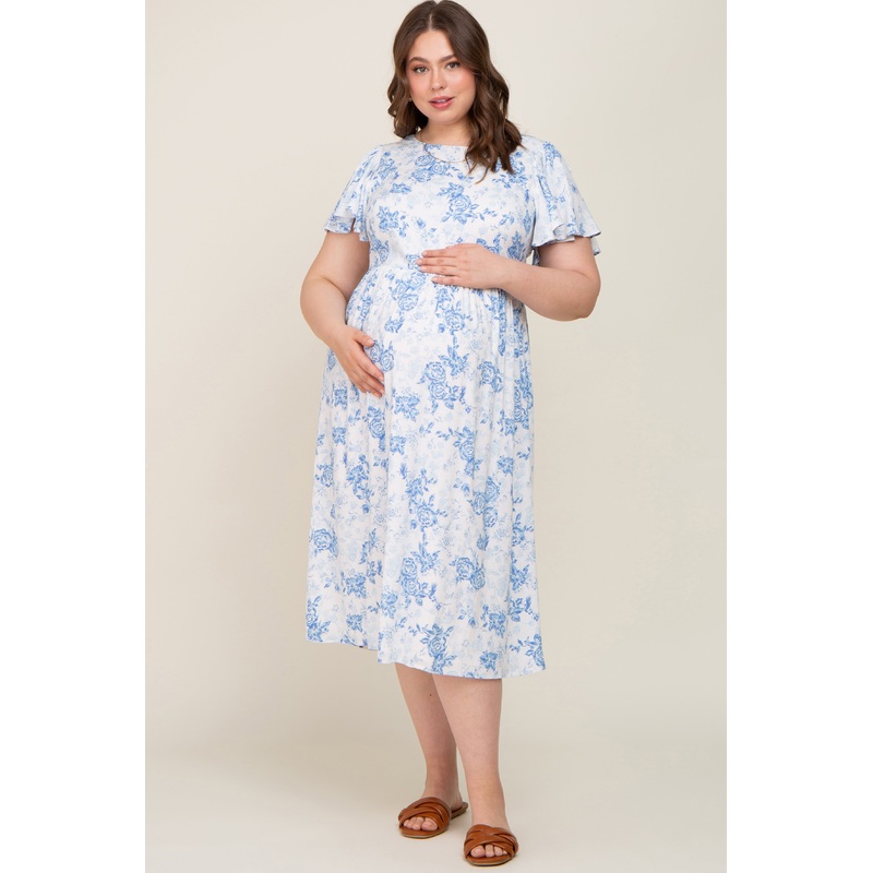 White Floral Back Cutout Maternity Plus Maxi Dress