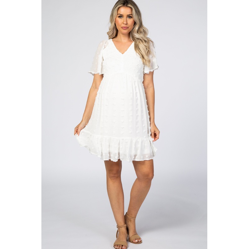 White Swiss Dot Smocked Maternity Dress