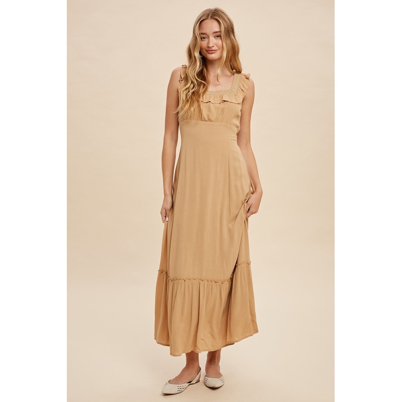 Yellow Sleeveless Lace Accent Open Back Midi Dress