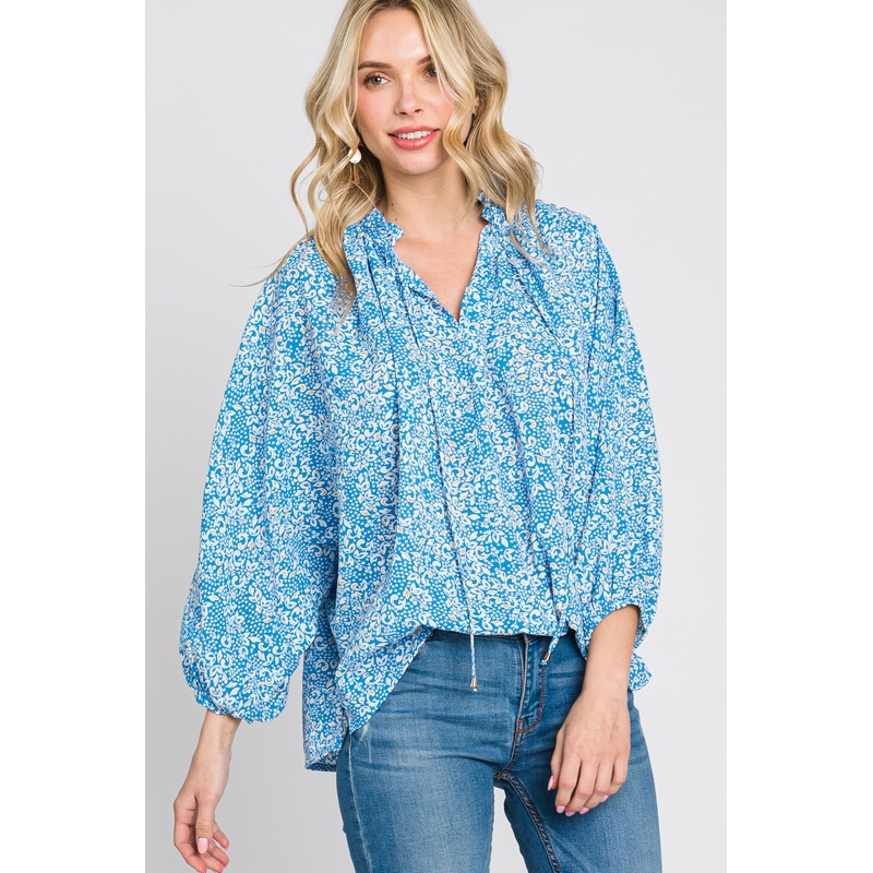 Aqua Floral Ruffle Neck Blouse