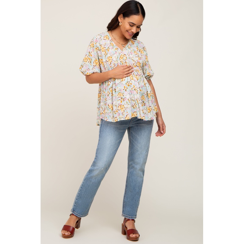 Aqua Floral V-Neck Short Puff Sleeve Maternity Top