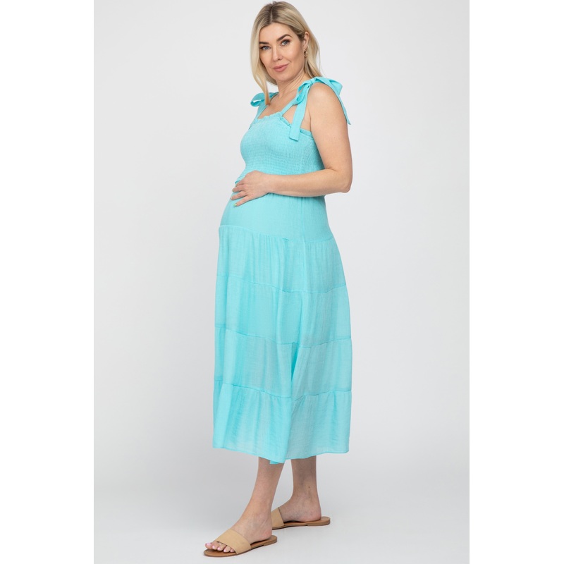 Aqua Smocked Tie Strap Tiered Maternity Midi Dress